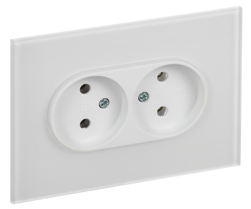 SKANDY Розетка 2-местная SK-R03W без заземления без защитных шторок для плоской вилки скрытой установки 10А стекло арктический белый (SK-R20-10-K01) Розетка без защитных шторок