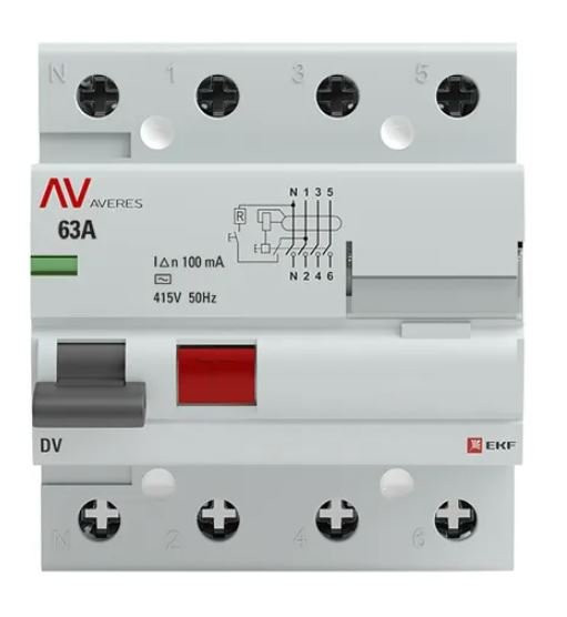 DV 4P 63А 100мА AC 6kA AVERES (rccb-4-63-100-ac-av) Выключатель дифференциального тока