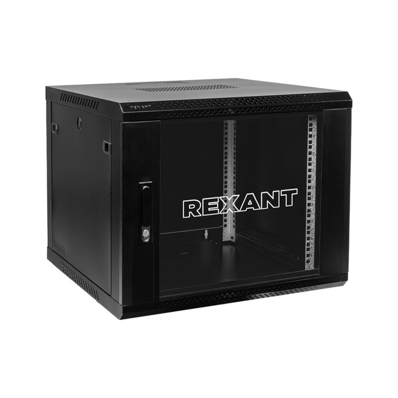 Настенный шкаф 19" 9U 600х450х501, дверь сплошное стекло, черный, RAL 9005 REXANT (04-0964-112) Шкаф телекоммуникационный 19" настенный 9U