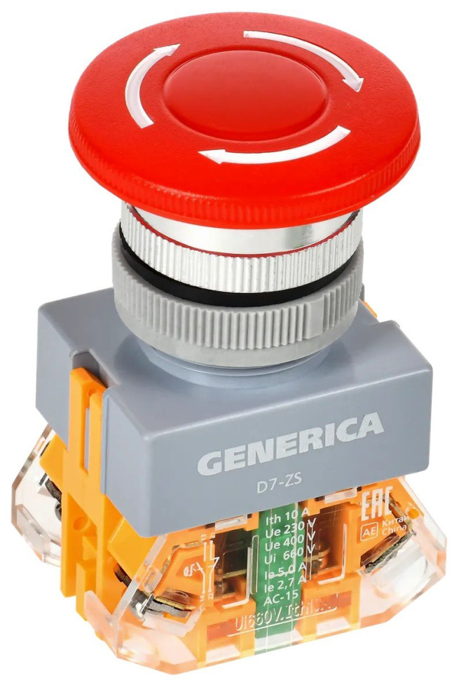 Кнопка управления D7-ZS "Грибок" d=22мм поворотная с фиксацией красная GENERICA (BBG50-11ZS-3-21-K04-G) Кнопка управления