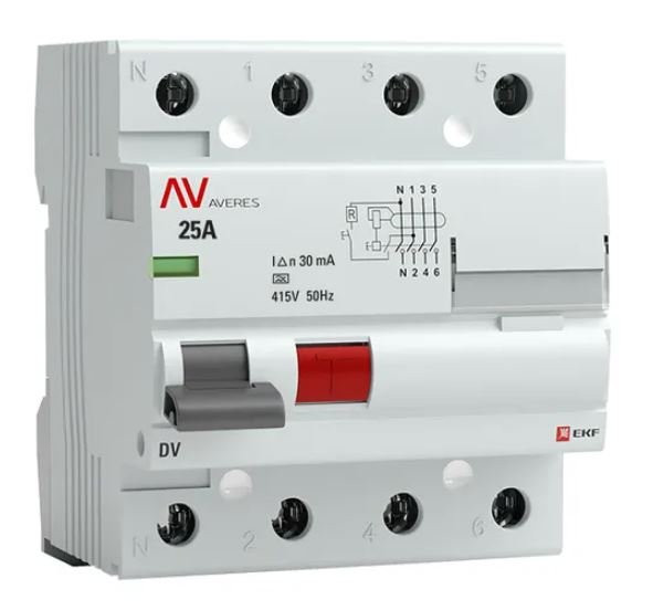 DV 4P 25А 30мА A 6kA AVERES (rccb-4-25-30-a-av) Выключатель дифференциального тока