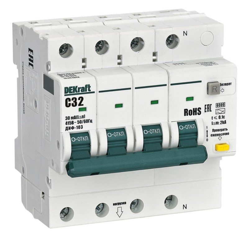 АВДТ 3P+N 32А 30мА AC C 103 6кА (16404DEK) Автоматический выключатель дифференциального тока