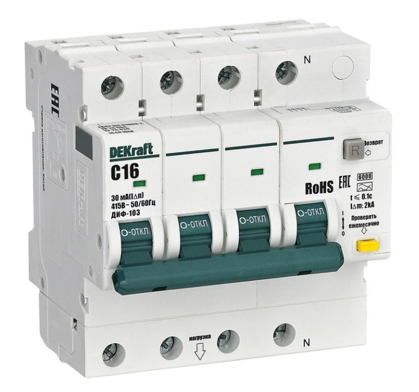 АВДТ 3P+N 16А 30мА AC C 103 6кА (16401DEK) Автоматический выключатель дифференциального тока