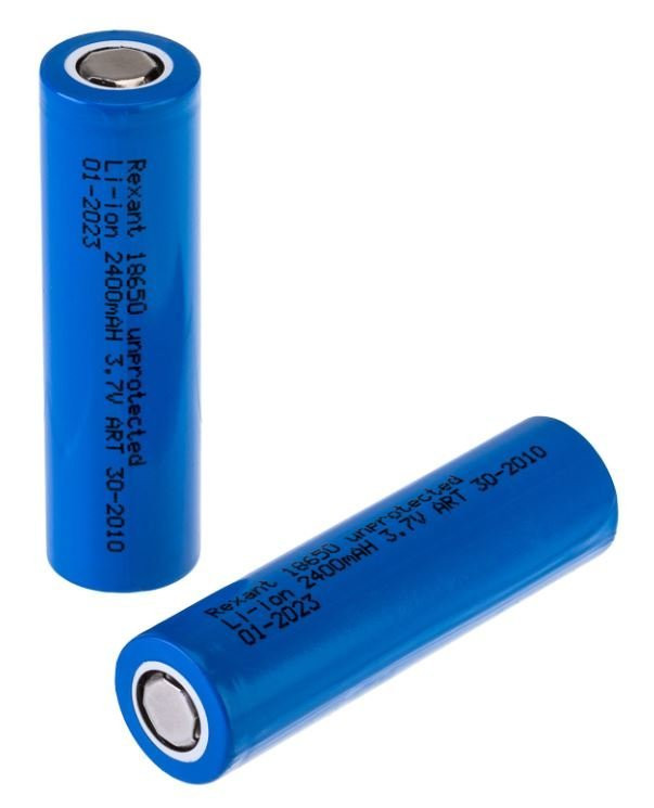 Аккумулятор Li-ion 18650, 3,7В, 2400мАч, без платы защиты, плоский контакт, REXANT (30-2010) Аккумулятор литий-ионный цилиндрический