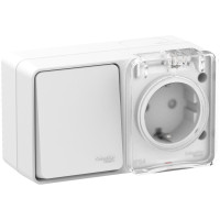 AtlasDesign PROFI54 блок комбинированный (розетка с заземлением со шторками + 1-клавишный выключатель), открытой установки, белый (ATN540170) Блок розеточный комбинированный