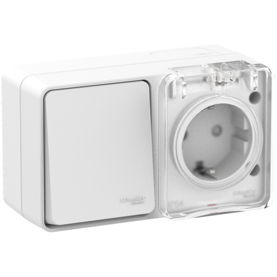 AtlasDesign PROFI54 блок комбинированный (розетка с заземлением со шторками + 1-клавишный выключатель), открытой установки, белый (ATN540170) Блок розеточный комбинированный