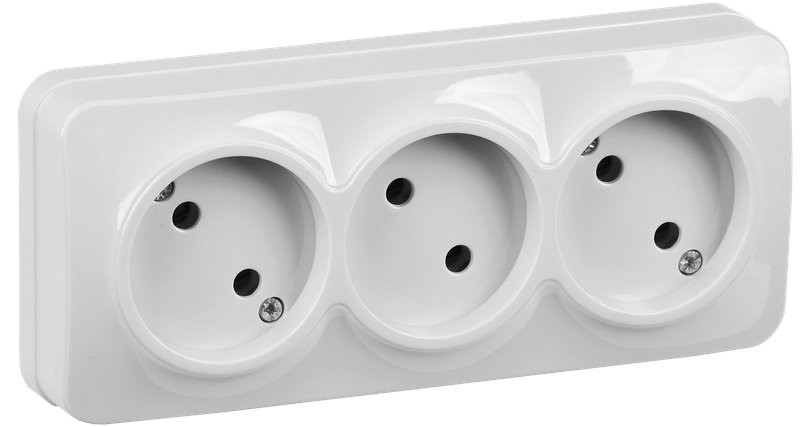 Розетка 3-местная GLORY РС23-2-ХБ без заземления без защитных шторок открытой установки 10А белый (ERH30-K01-10) Розетка без защитных шторок
