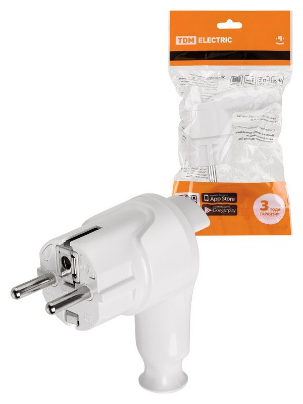 Вилка угловая c/з белая с кнопкой извлечения из сети 16А 250В TDM (SQ1806-0398) Вилка