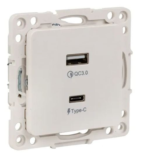Стокгольм Механизм Розетки с 2USB type-A + type-C винтовые клеммы белый (EYR-2USB-type-C) Механизм розетки с 2USB